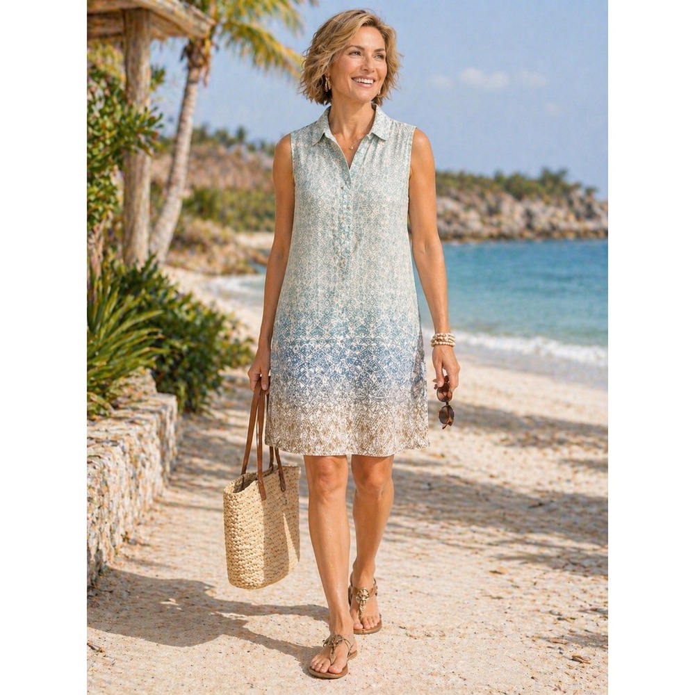 Chicos Boho Linen Geometric Ikat Sleeveless Shirt Dress Blue Tan Size 3 XL READ